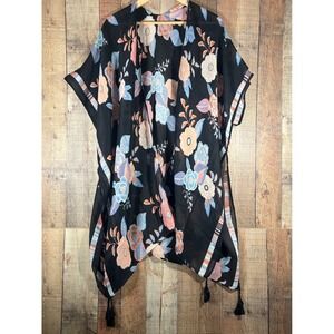 Boho Floral Kimono Cardigan One Size Black Sheer Tassel Cover Up Layering